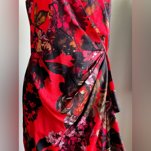 Calvin Klein Red Floral Sheath Dress Cascade Pleated Dark Romantic Wedding Midi - Picture 5 of 11